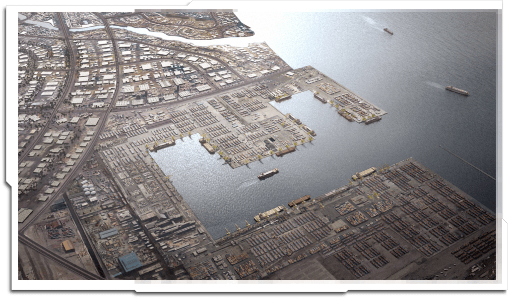 Aerial views of ‘King Abdullah Economic City’, Saudi Arabia – the industrial valley, King Abdullah port, and the educational zone. Base render by others.