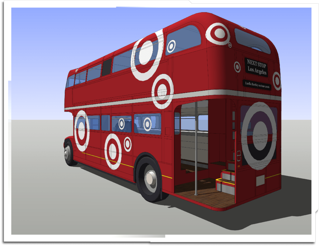 Visualisation of Luella Bartley’s GO! tour bus, created in SketchUP. The old ‘Routemaster’ buses were being sold off by TfL, and the idea was to host a mobile fashion boutique inside one.