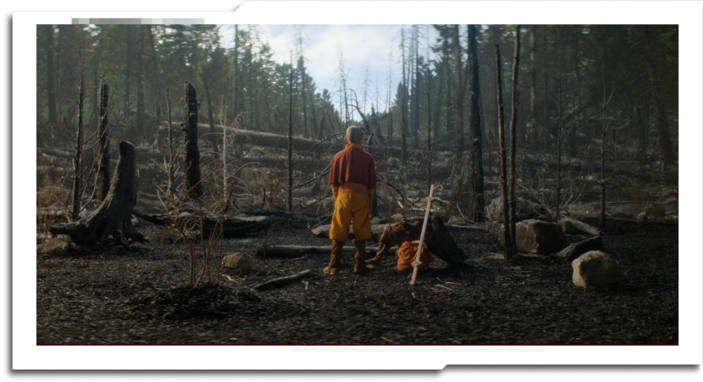 The ‘burnt forest’ was a fairly successful ICVFX environment (and one that made an early trailer), but was partly replaced in post for story reasons by Nexodus.