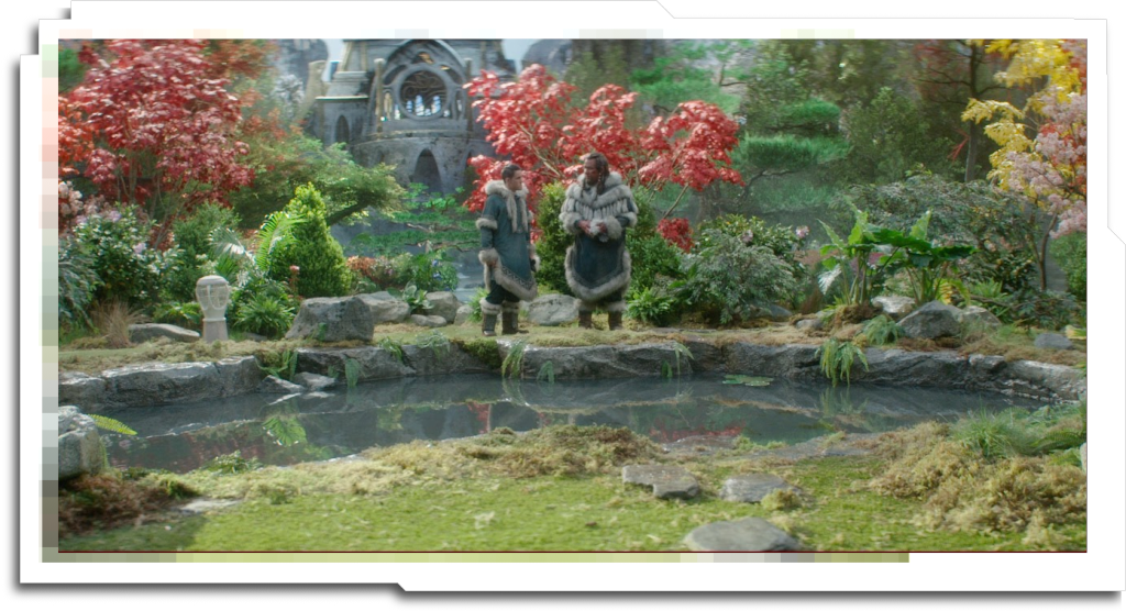 The ‘Spirit Oasis’ environment was an ambitious build for both the practical set, and the virtual background, especially baking lighting for complex vegetation and multiple lighting scenarios. ICVFX build by Dimension studios, taken over by ScanlineVFX for post.