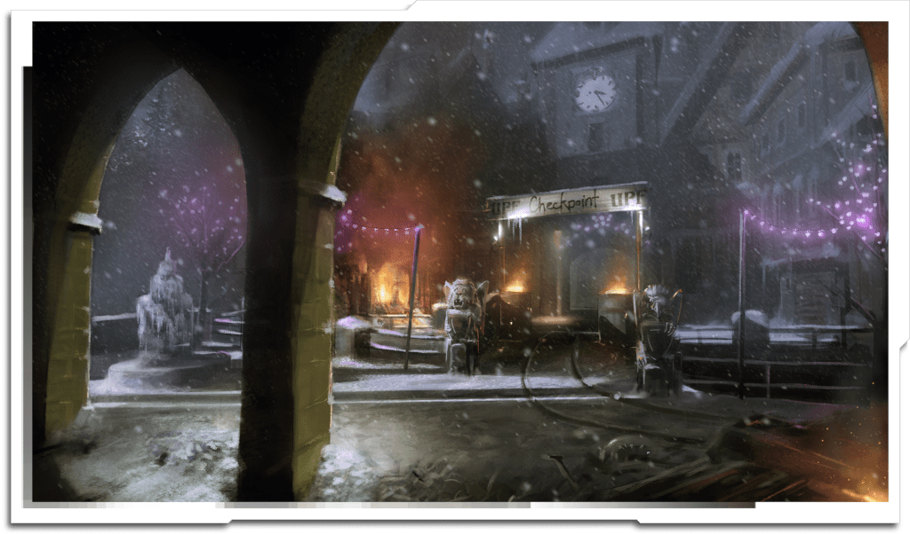 Town square checkpoint. Done for an art test that subsequently turned out to be a scam (sigh), but it produced a painting I’m quite happy with.