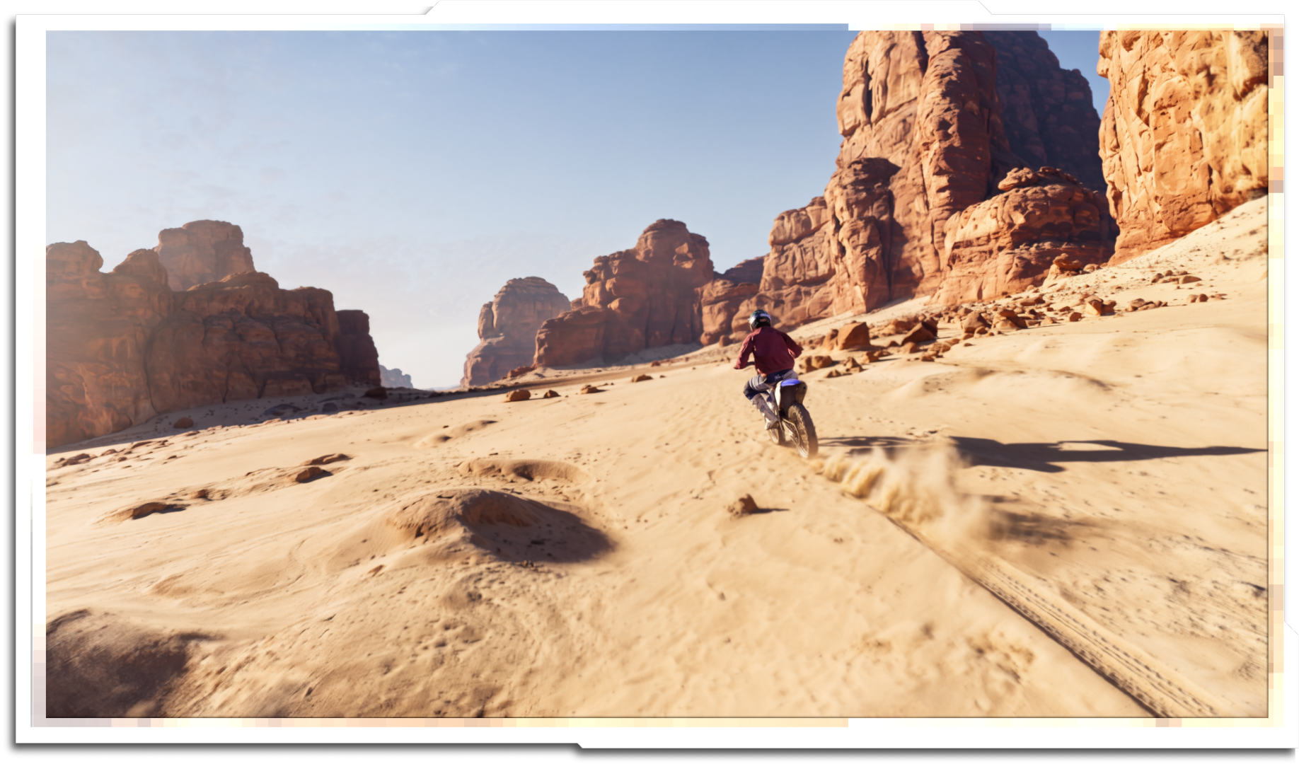 The secondary control is from a single styleframe, demonstrating how the rider should be integrated into the scene. I experimented with painting this both with and without motionblur, and the 'no motionblur' was more successful