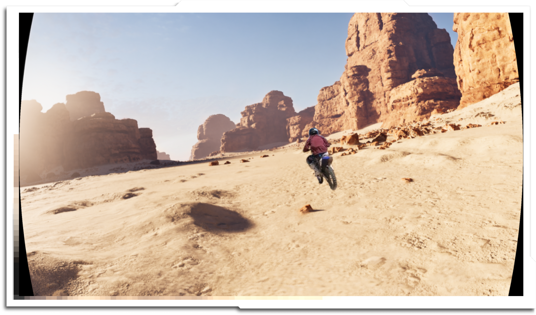 The secondary control is from a single styleframe, demonstrating how the rider should be integrated into the scene. I experimented with painting this both with and without motionblur, and the 'no motionblur' was more successful