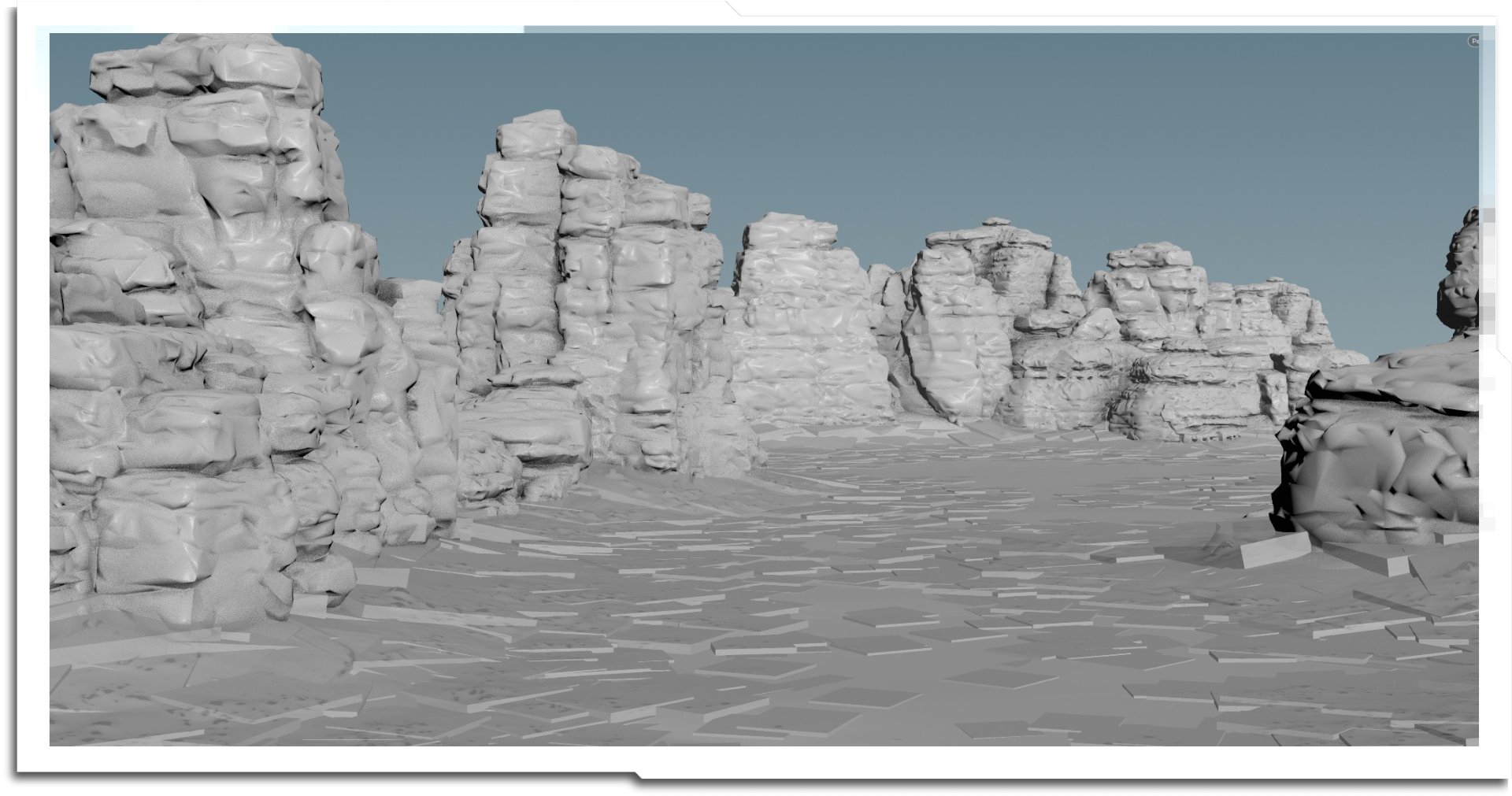 The primary control surface is an Unreal Environment. The basic layout was done rapidly using the modular rock assets, with a secondary procedural erosion and scatter pass in Houdini (see the 'Greenhouse' page for more info on this)