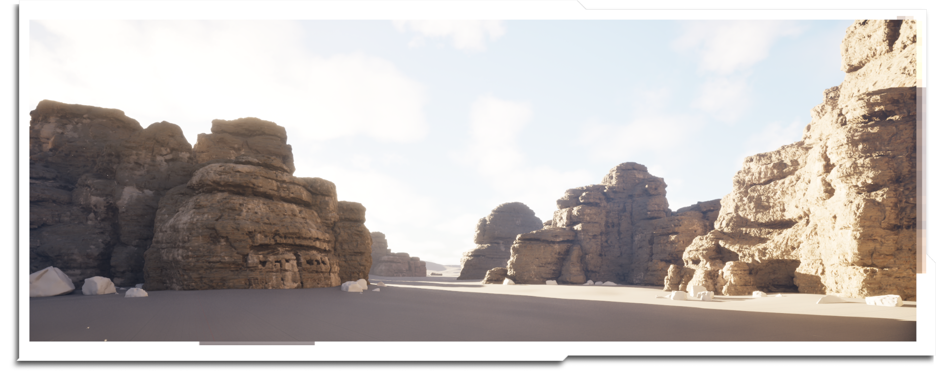 The primary control surface is an Unreal Environment. The basic layout was done rapidly using the modular rock assets, with a secondary procedural erosion and scatter pass in Houdini (see the 'Greenhouse' page for more info on this)