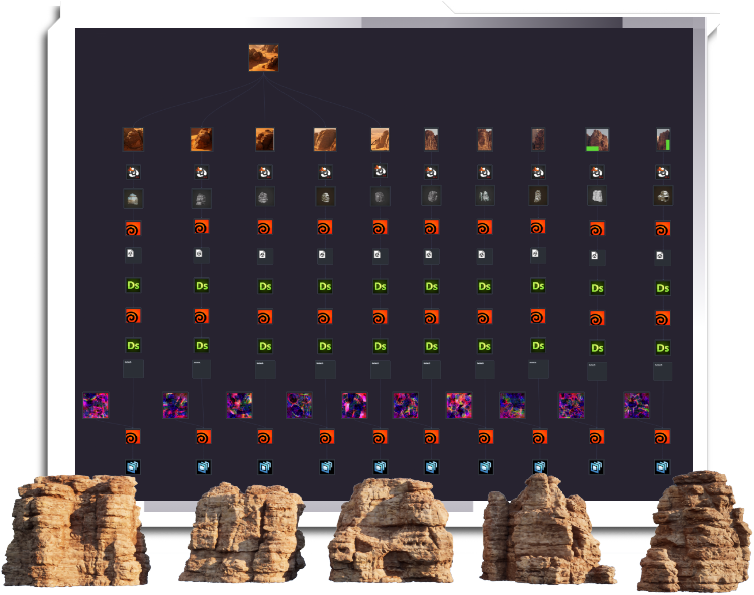 Once we have a working template, we can duplicate and re-run it for an arbitrary number of inputs. In this case, the only manual step was specifying a set of reference images, and leaving the agent to run. The outputs are written as Unreal-compatible USD files