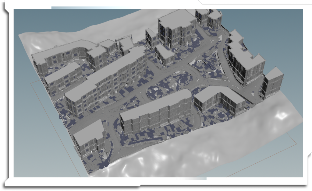 The same ‘bounding box matching’ workflow could be tweaked to produce roads, kerbs, pavements, paths and green spaces based on a single source image. This example lacks rooftops, which aren’t a very good fit for a modular system unless the surface is very uniform.