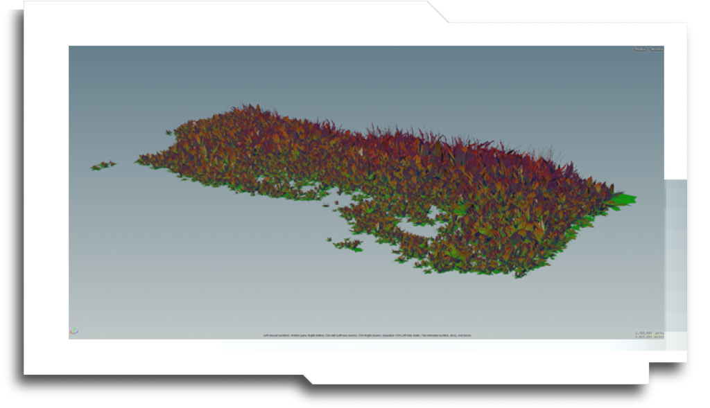Because the tool simply matches tagged volumes with assets, exactly the same system can be used for vegetation. Here, a ‘grass’ volume is filled with cubes using a packing algorithm, and the closest fit is assigned from a vegetation library.