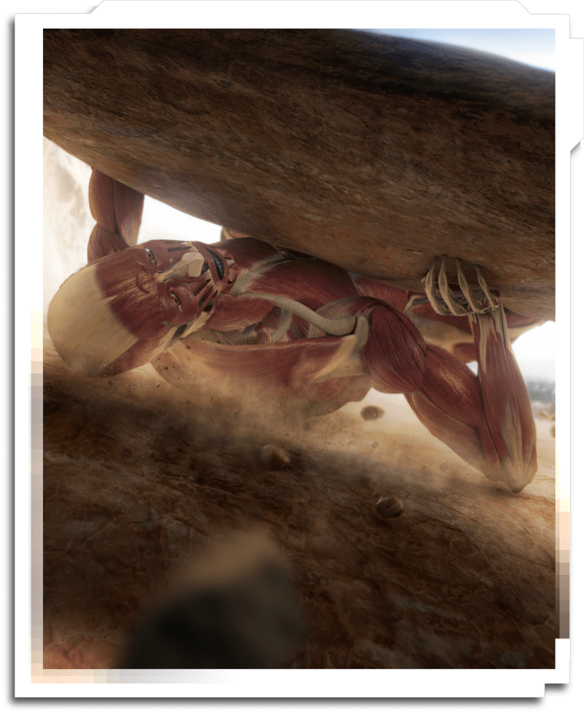 Main marketing and publicity image. Needed to be 6K, so I up-resed the textures used for the bones and muscles on the hero human model, as well as scattering the smaller rocks. I then painted over the final renders, adding detail to the rock surfaces, as well as the background and dust.
