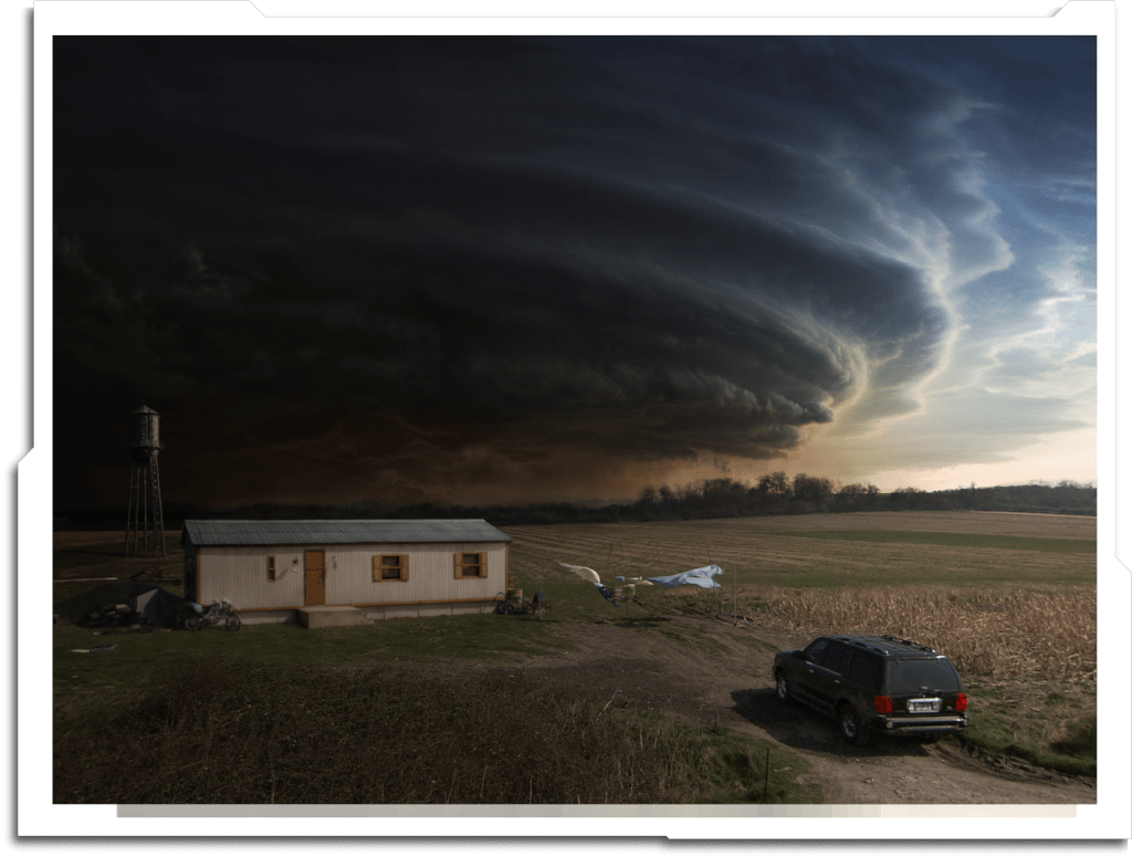 ‘Supercell’ matte painting for the ‘Tornado’ episode. Miniature trailer from ‘The Model Unit’. Source photo for the supercell from ‘Extreme Instability’