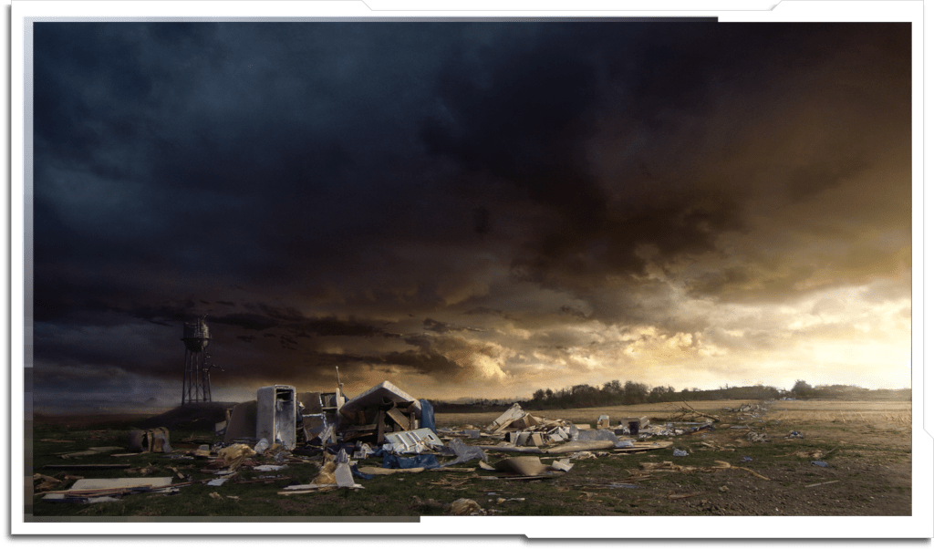 Second ‘Tornado aftermath’ matte painting. Classic (read: cheesy) backlit DMP sunset.