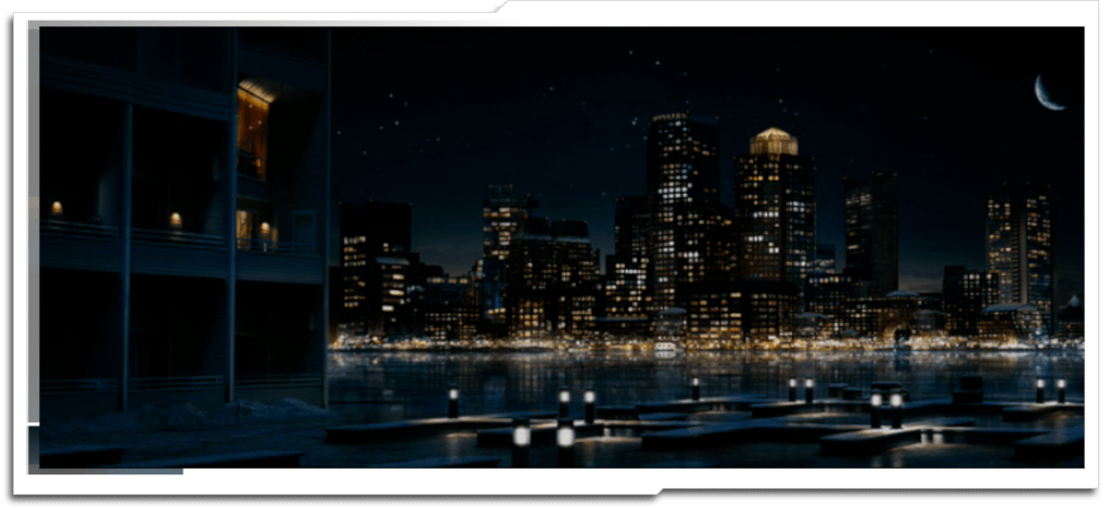 Night shot of Boston Harbour, all digital. Was meant to have a ‘magical’ look, but wasn’t really in keeping with the surrounding shots, and ultimately never made the final cut.