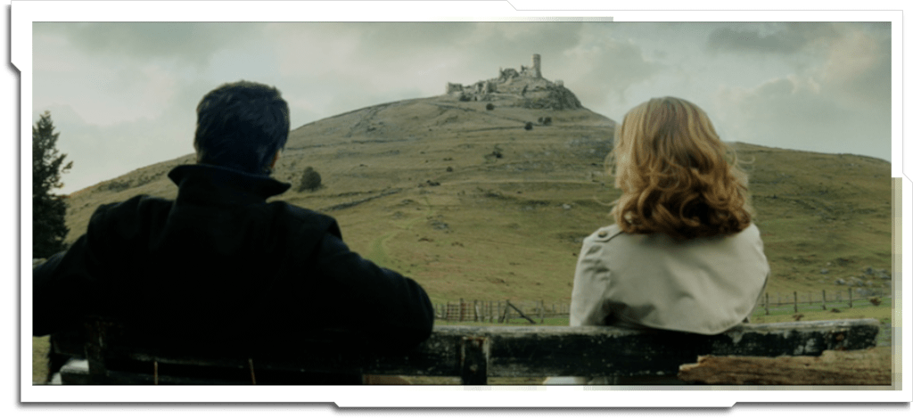 Approach to ‘Ballycarbery Castle’. Plates were shot at the (much smaller) castle ruins at Rock of Dunamase, and significantly extended with matte paintings.