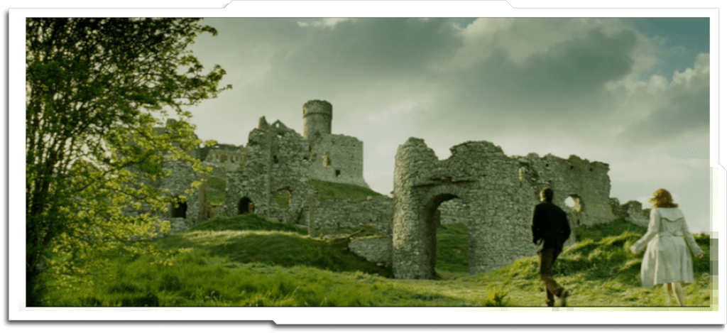 Approach to ‘Ballycarbery Castle’. Plates were shot at the (much smaller) castle ruins at Rock of Dunamase, and significantly extended with matte paintings.