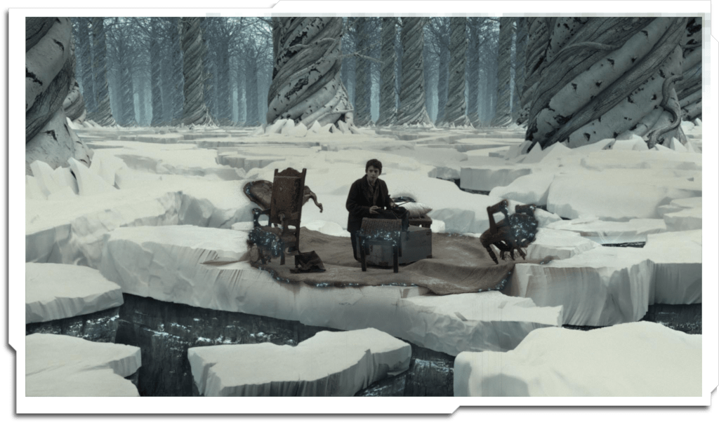 First shot of the ‘White Wood’ environment. The simple sets and the odd design for the forest made these shots very tricky to create.