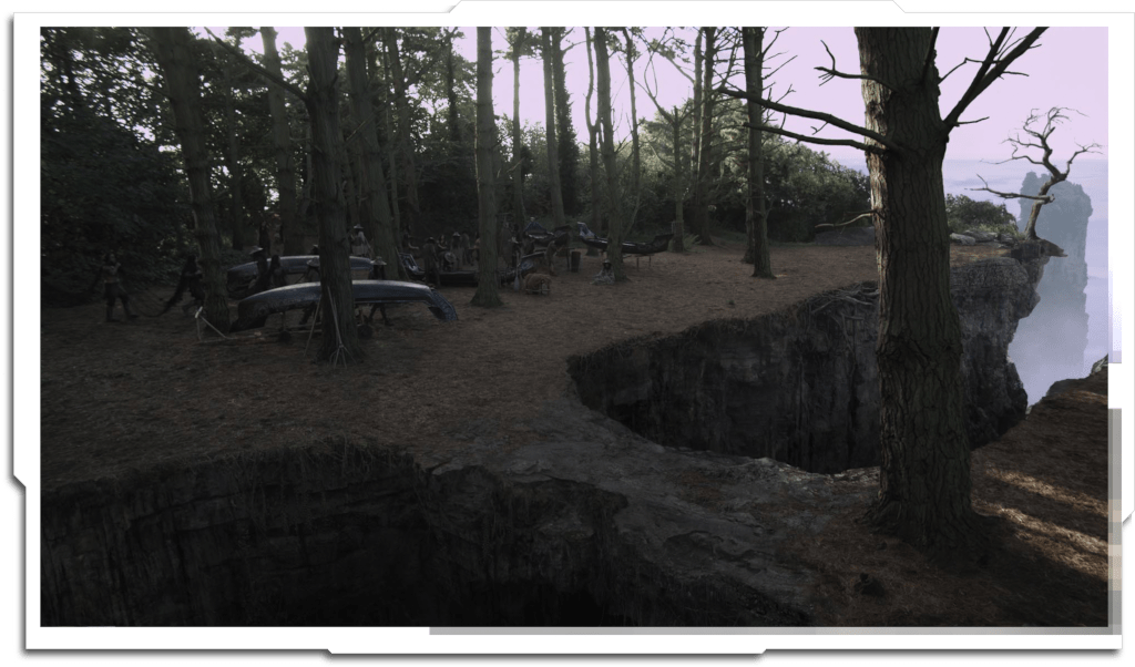 A lot of the work on this show was turning exterior shots (from Ireland) into the fantastical landscapes of ‘Neverland’. Many of the forest shots were supposed to contain deep canyons with natural stone bridges, but were simply shot with cones or small pieces of bluescreen on the ground.