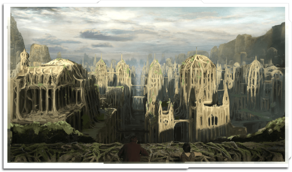 Concept art for the initial view of Fludd’s city – every building is meant to be formed or grown out of giant trees.