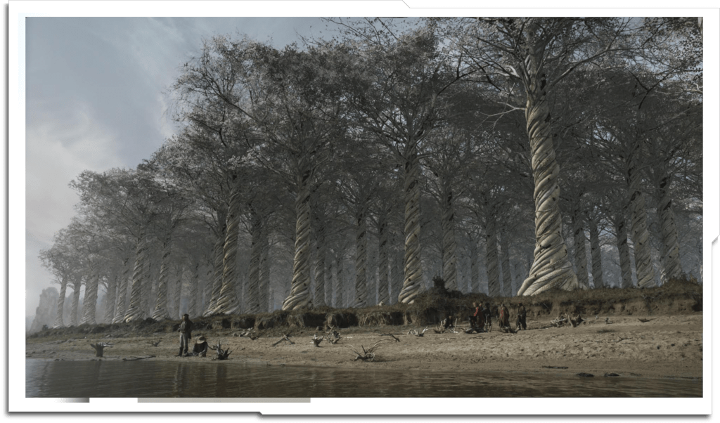 Another matte painting of the ‘White Wood’. In all the concept art, the tops of the trees were never seen (even in the distance), which wasn’t practical in this shot. Tree renders done in ‘Vue’.