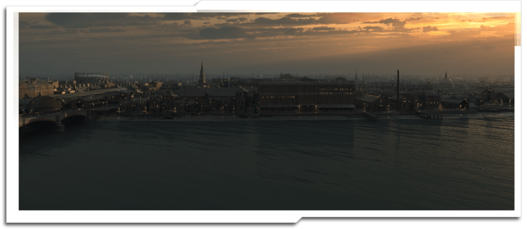 London skyline for the final sequence of Episode 1, seen from the rooftops of Victoria embankment. Time was meant to be around 1900 – and unusually for an aggressive TV schedule, I had the time for some historical research. Blackfriars bridge is on the left, and straight ahead is what is now the ‘OXO’ tower.