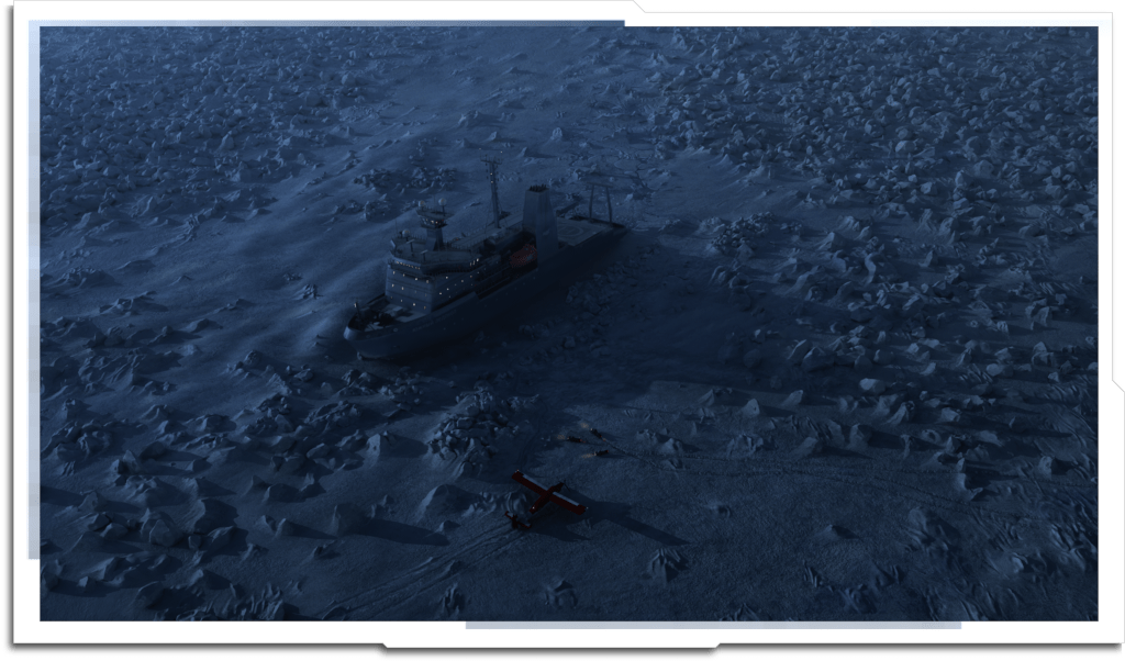 Establishing matte paintings of the eponymous ‘Icebreaker’ in Episode 7, stranded in the Bering Sea. Base renders of the ship were provided, and the surrounding icebergs were scattered in Vue.