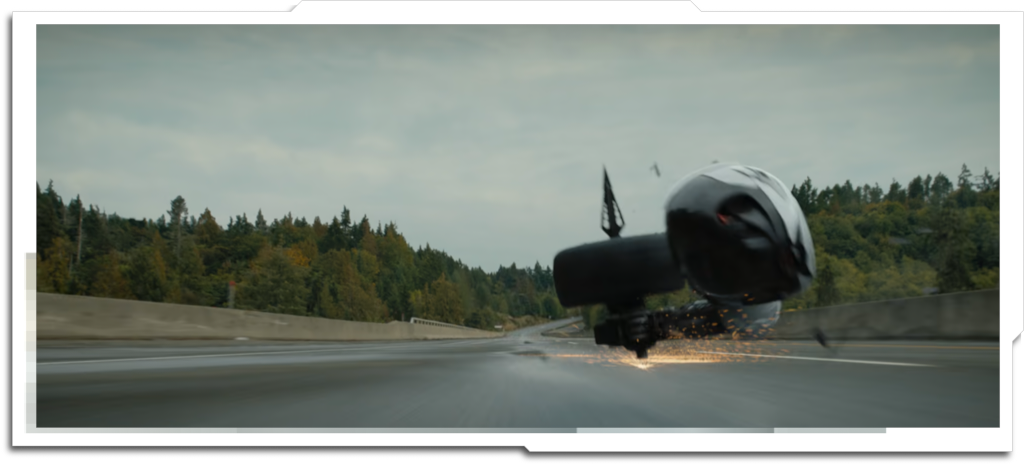 For the most extreme movements, we had to re-create the road surface entirely. To save time, this was done in entirely in nuke – including the wet road and puddle reflections. The projected environment was simply mirrored, blurred, and revealed with a mask.