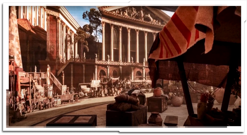 The overall ‘Rome’ asset was inherited from a museum, and had clearly been developed over a long period of time. Some assets were very simple (and pre-PBR), while the main temples were overly complex. The same workflow as the ‘Circus Maximus’ was used to simplify the heaviest buildings, and stop the nanite streaming pool from overflowing.
