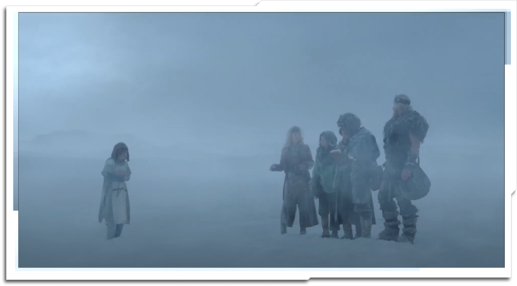 This environment (Bingley in the Ice Age) was simply referred to as ‘Snowy Plain’. The principle challenge was the snowstorm, which I created using a volume shader for the fog, and multiple layers of animated textures for the cloud and spindrift. The distant landscape is a detailed matte painting from DNEG’s DMP team, but you can barely see it in the final frame.