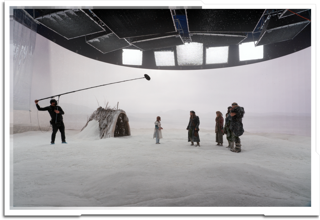 Snow scenes represent a particular challenge in Virtual Production, and require a lot of care to sell the blend between the practical and digital worlds. They also look VERY different on set than they do ‘in camera’, which adds to the challenge.