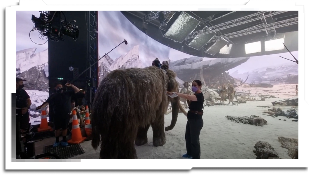 There aren’t too many ‘behind the scenes’ images of another significant chunk of my work – the Neanderthal Settlement in Ep. 7. This re-used all the snow techniques developed for ‘Snowy Plain’, as well as Houdini simulated snow buildup created by myself and Lukas Schwarzer.